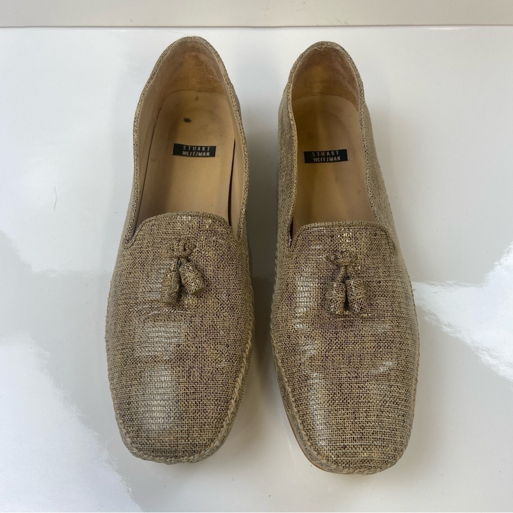 Vintage Stuart Weitzman Loafer Flats Tan Beige Gold Tassel Shiny Leather AA 8.5